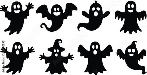 Konstfotografi Black vector Halloween ghost silhouette set with flying phantom spirits and cute ghouls isolated on white background