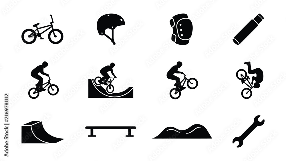 Fototapeta premium Black and white extreme sports and bike icons set