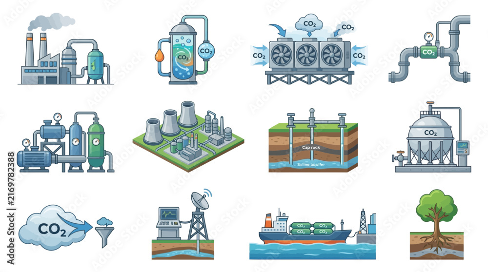 Obraz premium Clean Carbon Capture and Storage Methods Illustrated with Colorful Industrial and Natural Solutions
