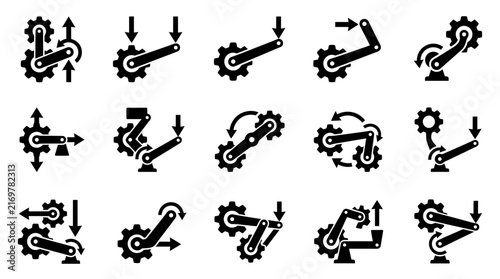 Clean Black and White Mechanical Gear Conveyor Belt System Diagrams with Directional Arrows with high quality professional line art symbols for modern creative design and digital branding projects