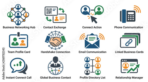 Clean Business Networking Icons Set Digital and Traditional Connection Tools Visual Guide with high quality professional line art symbols for modern creative design and digital branding projects