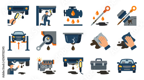 Clean Car Oil Leak Detection and Repair Process Illustrated with Flat Icons with high quality professional line art symbols for modern creative design and digital branding projects