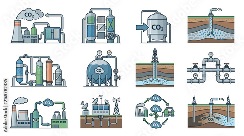 Clean Carbon Capture Storage and Monitoring Systems Illustrated with Industrial Equipment and Geological Processes