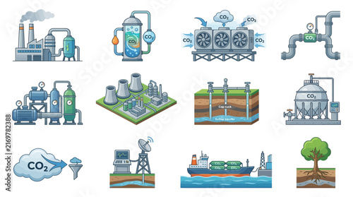 Clean Carbon Capture and Storage Methods Illustrated with Colorful Industrial and Natural Solutions