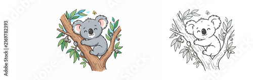 Photography Cute Smiling Koala Bear Clinging to Eucalyptus Branch Vector Illustration