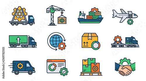 Clean Colorful Icons Set Featuring Industrial Machinery Transportation Logistics and Business Collaboration