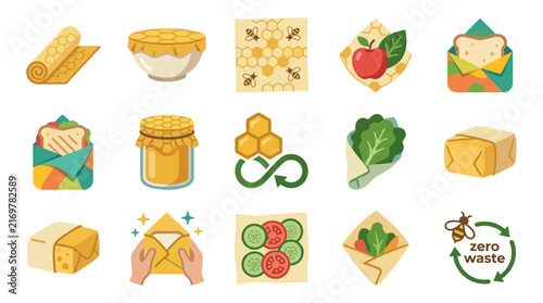Clean Colorful Illustrated Icons Set Featuring Honey Cheese Apples Vegetables Recycling and Zero Waste Concepts