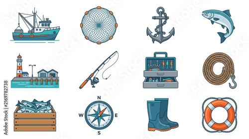 Clean Colorful Set of Fishing and Maritime Equipment and Scenery with high quality professional line art symbols for modern creative design and digital branding projects