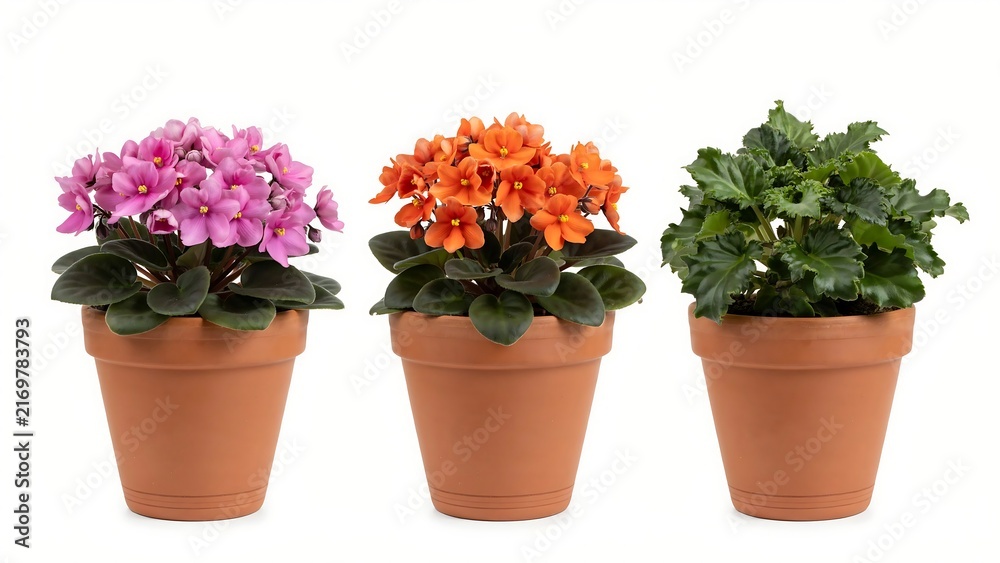 Naklejka premium Three blooming potted plants featuring pink and orange flowers in clay pots