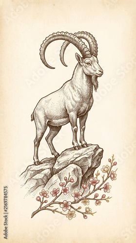 Vintage style ink illustration of a majestic alpine ibex standing tall on a rugged mountain rock ledge decorated with delicate blooming cherry flowers