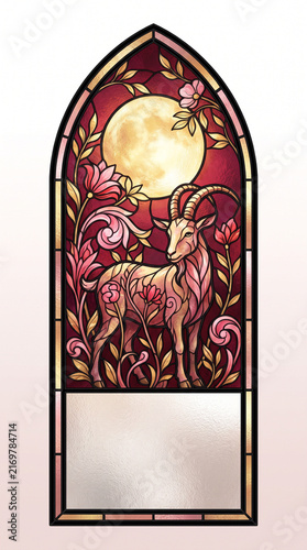 Stained glass panel artwork featuring a majestic goat amidst moonlit floral elements creating a gothic ecclesiastical atmospheric vintage aesthetic