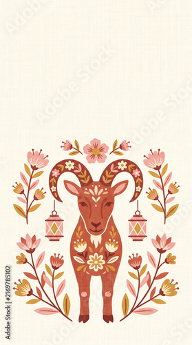Decorative illustration of a symbolic capricorn goat surrounded by stylized flowers and lanterns in a folk art style on a neutral textured backdrop
