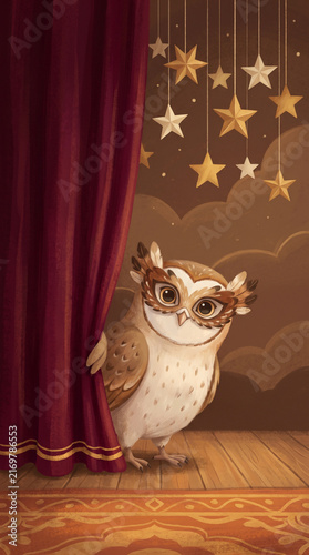 Cute little owl wearing an elegant masquerade mask peeking behind a rich velvet curtain on a wooden stage with hanging golden stars in background
