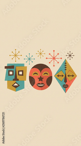 Stylized Mid-Century Modern Decorative Tribal Masks Design Featuring Abstract Geometric Shapes And Vintage Starburst Patterns On A Neutral Background