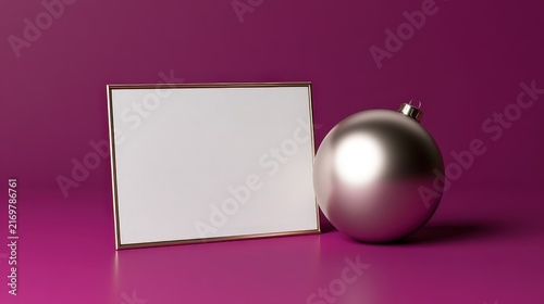 Festive Christmas Ornament and Blank Sign on Pink Background