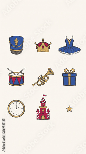 Hand drawn set of festive fairytale icons including a drum trumpet crown castle and ballet tutu perfect for whimsical party invitations and crafts