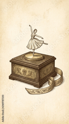 Vintage ornate wooden music box featuring a delicate ballerina figurine dancer spinning on top with a decorative floral engraved ribbon on parchment