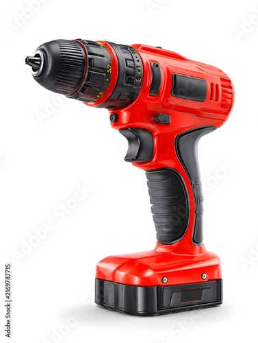 Cordless power drill against a white background, used for drilling and driving screws.