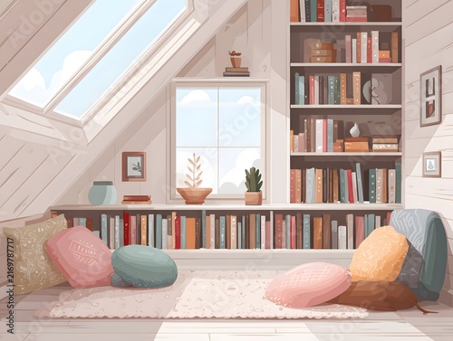 Cozy attic reading nook with books, pillows, rug, and natural light streaming through windows.