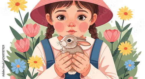 Cute Vector Girl Holding Rabbit. Hand-drawn Illustration with Pink and Yellow Spring Flowers, Tulips and Daisies. Children Book Character. Isolated Design on White Background