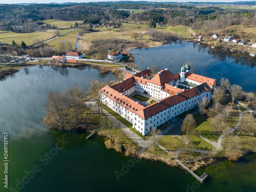 Aerial view, Seeon Monastery, Klostersee, Seeon-Seebruck, Chiemgau, aerial view, Upper Bavaria, Bavaria, Germany