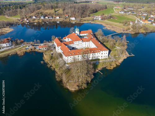 Aerial view, Seeon Monastery, Klostersee, Seeon-Seebruck, Chiemgau, aerial view, Upper Bavaria, Bavaria, Germany