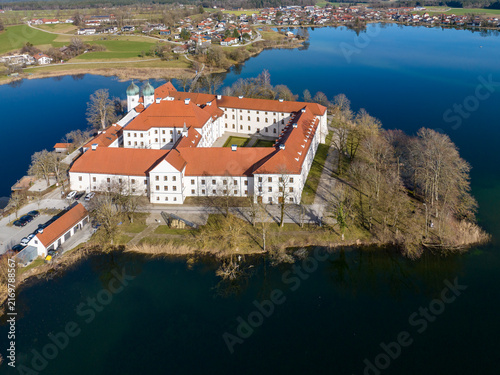 Aerial view, Seeon Monastery, Klostersee, Seeon-Seebruck, Chiemgau, aerial view, Upper Bavaria, Bavaria, Germany