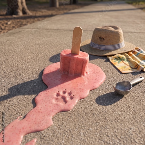 Pink strawberry popsicle melting on dark grey asphalt surface under hot summer sun