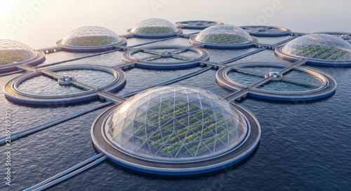 Network of circular floating glass geodesic biome domes cultivating green plants on calm blue ocean water for sustainable offshore farming