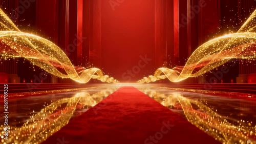 Luxury Red Carpet Entrance with Golden Glowing Light Trails and Cinematic Stage Background for Awards Ceremony
