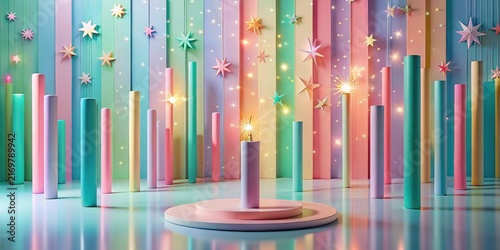 Whimsical pastel scene with sparkling fireworks and star decorations on colorful cylindrical platform