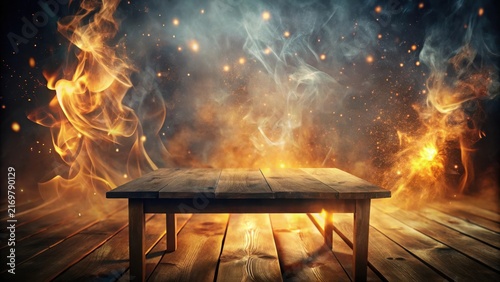 Rustic Wooden Table Set Against a Dramatic Background of Fiery Embers and Smoky Haze, Perfect for Displaying Products or Creating a Mystical Atmosphere