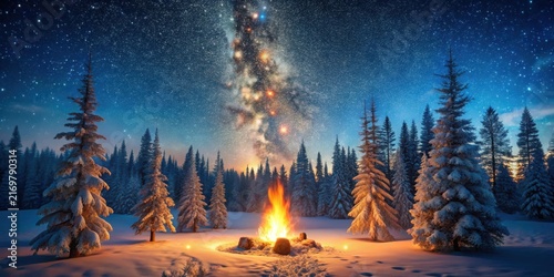 Serene Winter Night A crackling bonfire illuminates a snow-covered evergreen forest under a breathtaking starry sky, the Milky Way arcing majestically overhead.