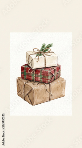 Watercolor illustration of a stack of three beautifully wrapped Christmas presents with twine string and pine sprig decoration