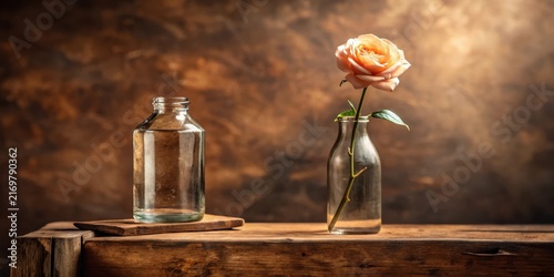 A single pale rose in a clear glass bottle rests on a rustic wooden surface, accompanied by an empty glass container; a minimalist still life composition.