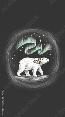 Charming winter illustration of a cute polar bear wearing a cozy striped scarf under the glowing northern lights