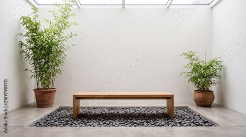 Minimalist indoor courtyard with oak bench and bamboo