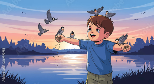 Cute little boy feeding pigeons near lake at sunset, children with wild birds, vector illustration of happy kid in nature landscape