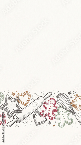 Hand-drawn illustration featuring baking tools like rolling pins, whisks, and cookie cutters with cute gingerbread men and heart-shaped cookies arranged in a border on a textured background