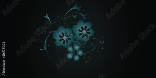 Modern vector illustration of neon cyan blue flowers and botanical swirls shining against a dark backdrop. Suitable for creative digital art, posters, textile prints, and modern web graphic elements.