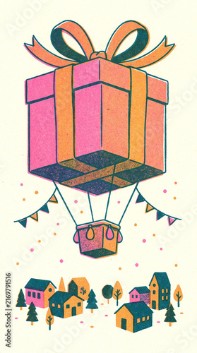 Whimsical illustration of a giant pink gift box flying as a hot air balloon over a charming colorful village with trees and festive banners for celebrations