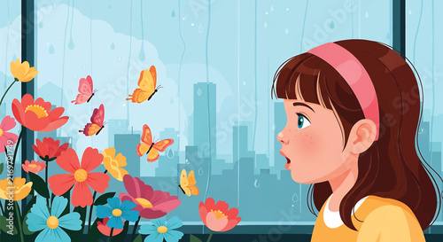 Girl looking at flowers and butterflies through window. Colorful bloom bouquet against rainy city skyline background. Indoor nature scene illustration.