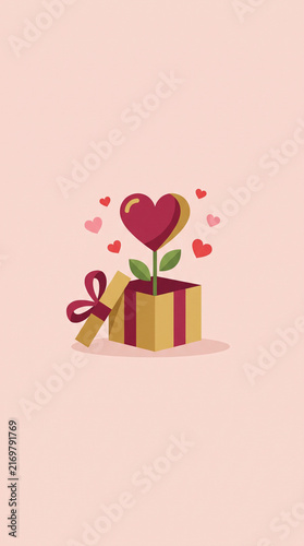 A charming illustration of a gift box with a heart flower blooming out, surrounded by little hearts on a soft pink background for Valentine's Day