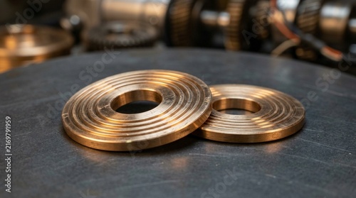 Two bronze washers with concentric circles on a metal surface, industrial background