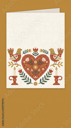 Greeting card with a Scandinavian folk art design featuring a decorative red heart, birds, flowers, and candles