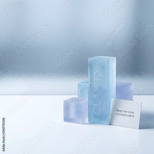 Transparent Ice Blocks with Clarity Text on Simple Background