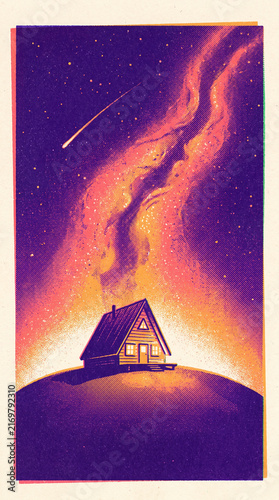 Magical cosmic night sky illustration featuring a cozy A-frame cabin perched on a small hill beneath a glowing purple galaxy and falling shooting star