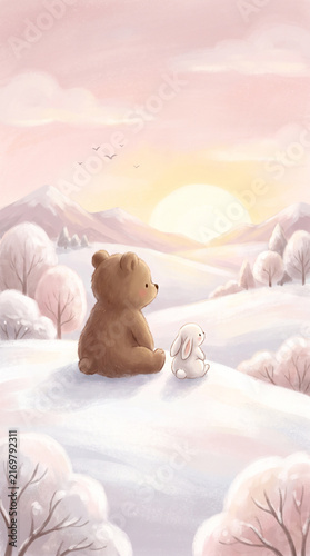 Charming digital illustration of a cute teddy bear and a tiny white bunny sitting together in a snowy winter landscape watching the sunset