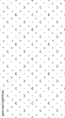 Seamless pattern with gold and silver crescent moons, stars, and dots on a white background for design