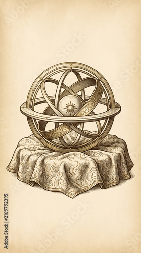 Vintage bronze armillary sphere resting on an ornate embroidered cloth with old parchment background